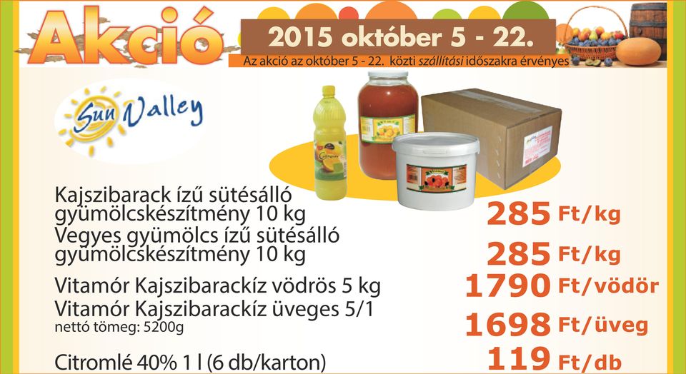 kg Vitamór Kajszibarackíz üveges 5/1 nettó tömeg: 5200g Citromlé 40% 1