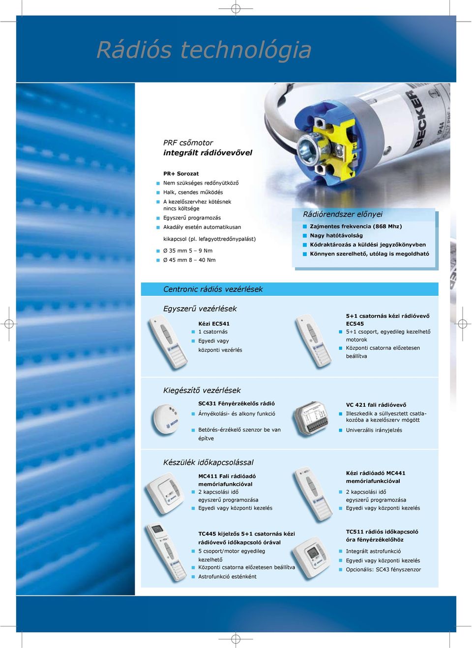 megoldható Centronic rádiós vezérlések Egyszerű vezérlések Kézi EC541 1 csatornás Egyedi vagy központi vezérlés 5+1 csatornás kézi rádióvevő EC545 5+1 csoport, egyedileg kezelhető motorok Központi