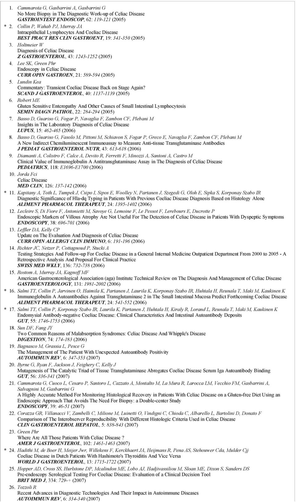 Holtmeier W Diagnosis of Celiac Disease Z GASTROENTEROL, 43: 1243-1252 (2005) 4. Lee SK, Green Phr Endoscopy in Celiac Disease CURR OPIN GASTROEN, 21: 589-594 (2005) 5.