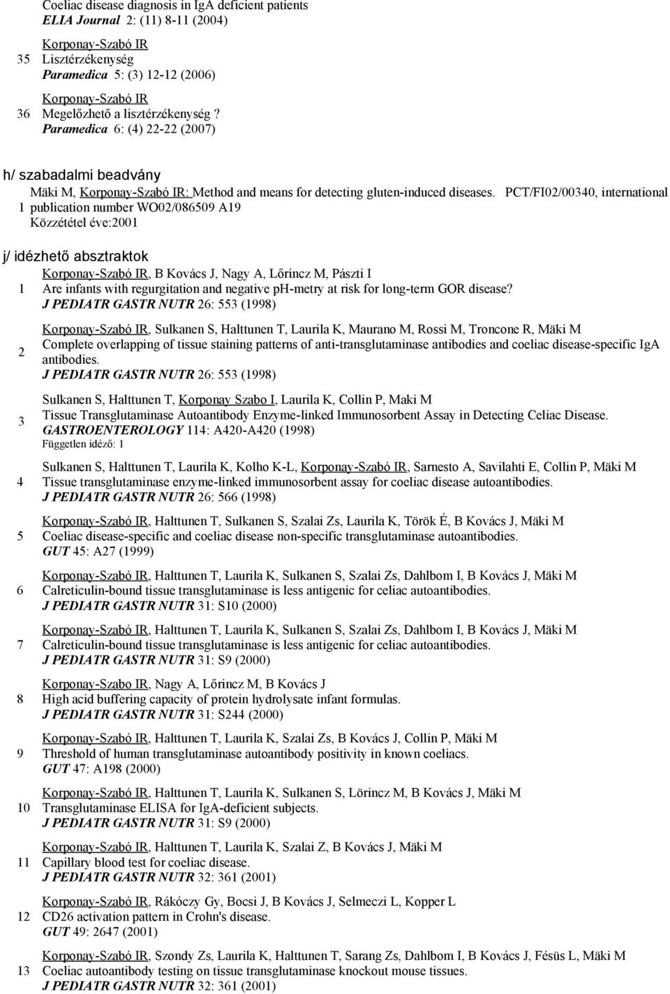 PCT/FI02/00340, international 1 publication number WO02/086509 A19 Közzététel éve:2001 j/ idézhető absztraktok Korponay-Szabó IR, B Kovács J, Nagy A, Lőrincz M, Pászti I 1 Are infants with