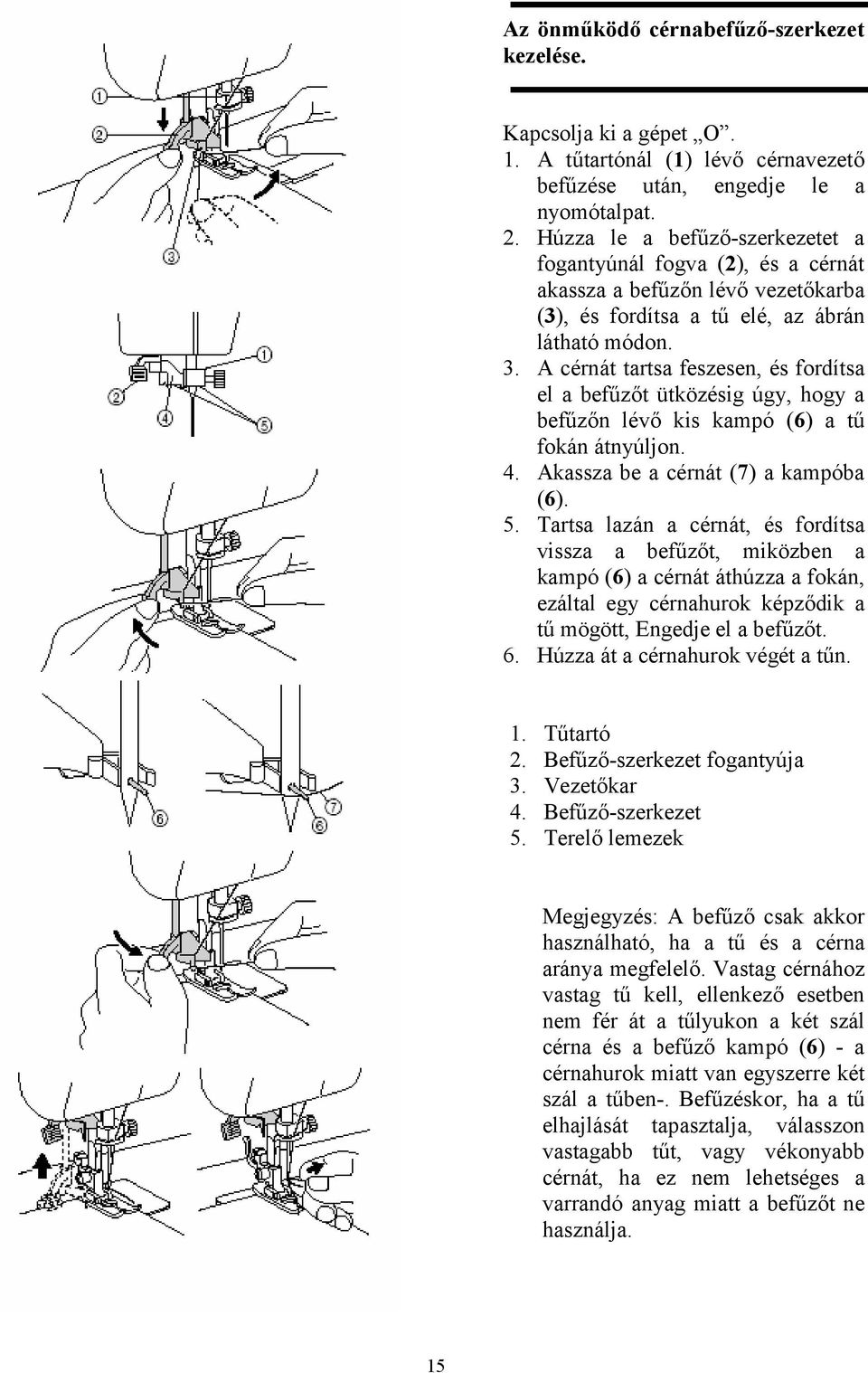 A cérnát tartsa feszesen, és fordítsa el a befűzőt ütközésig úgy, hogy a befűzőn lévő kis kampó (6) a tű fokán átnyúljon. 4. Akassza be a cérnát (7) a kampóba (6). 5.