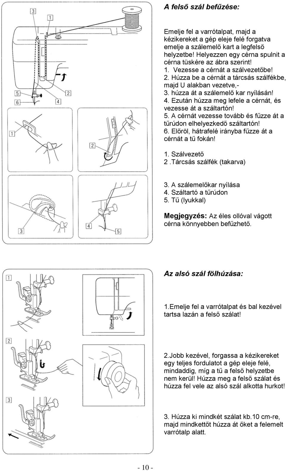 Ezután húzza meg lefele a cérnát, és vezesse át a száltartón! 5. A cérnát vezesse tovább és fűzze át a tűrúdon elhelyezkedő száltartón! 6. Előröl, hátrafelé irányba fűzze át a cérnát a tű fokán! 1.