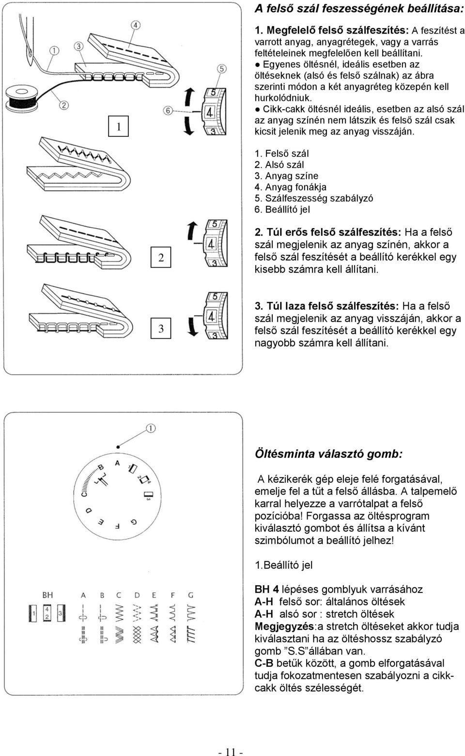 Cikk-cakk öltésnél ideális, esetben az alsó szál az anyag színén nem látszik és felső szál csak kicsit jelenik meg az anyag visszáján. 1. Felső szál 2. Alsó szál 3. Anyag színe 4. Anyag fonákja 5.