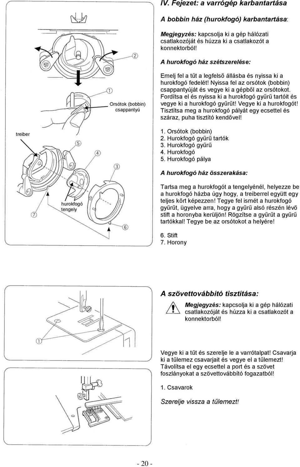 Nyissa fel az orsótok (bobbin) csappantyúját és vegye ki a gépből az orsótokot. Fordítsa el és nyissa ki a hurokfogó gyűrű tartóit és vegye ki a hurokfogó gyűrűt! Vegye ki a hurokfogót!