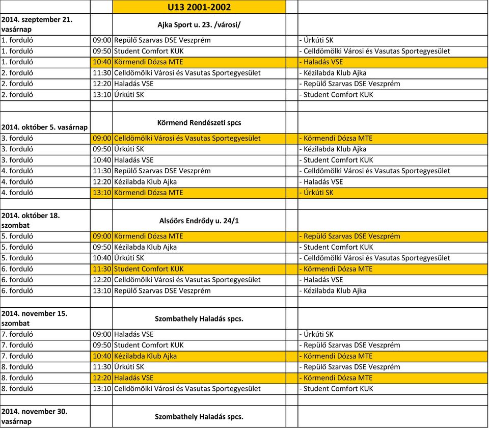 forduló 11:30 Celldömölki Városi és Vasutas Sportegyesület - Kézilabda Klub Ajka 2. forduló 12:20 Haladás VSE - Repülő Szarvas DSE Veszprém 2. forduló 13:10 Úrkúti SK - Student Comfort KUK 2014.