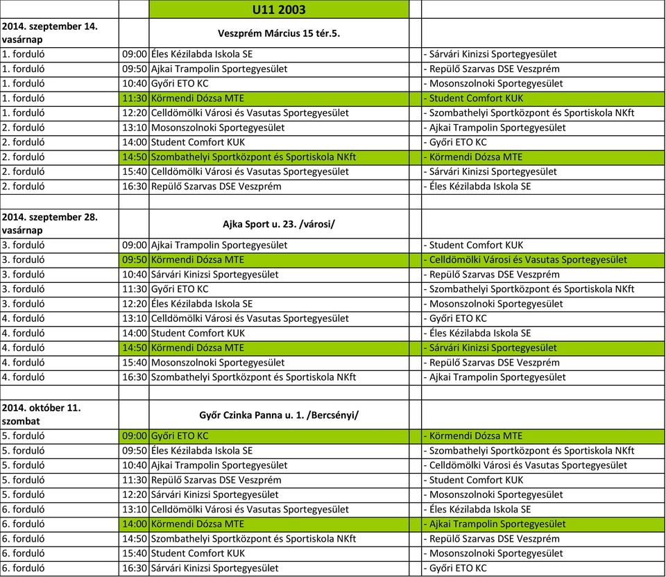 forduló 12:20 Celldömölki Városi és Vasutas Sportegyesület - Szombathelyi Sportközpont és Sportiskola NKft 2. forduló 13:10 Mosonszolnoki Sportegyesület - Ajkai Trampolin Sportegyesület 2.