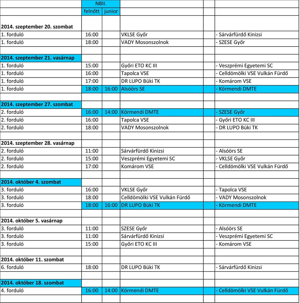 14. szeptember 27. 2. forduló 16:00 14:00 Körmendi DMTE - SZESE Győr 2. forduló 16:00 Tapolca VSE - Győri ETO KC III 2. forduló 18:00 VADY Mosonszolnok - DR LUPO Büki TK 2014. szeptember 28. 2. forduló 11:00 Sárvárfürdő Kinizsi - Alsóörs SE 2.