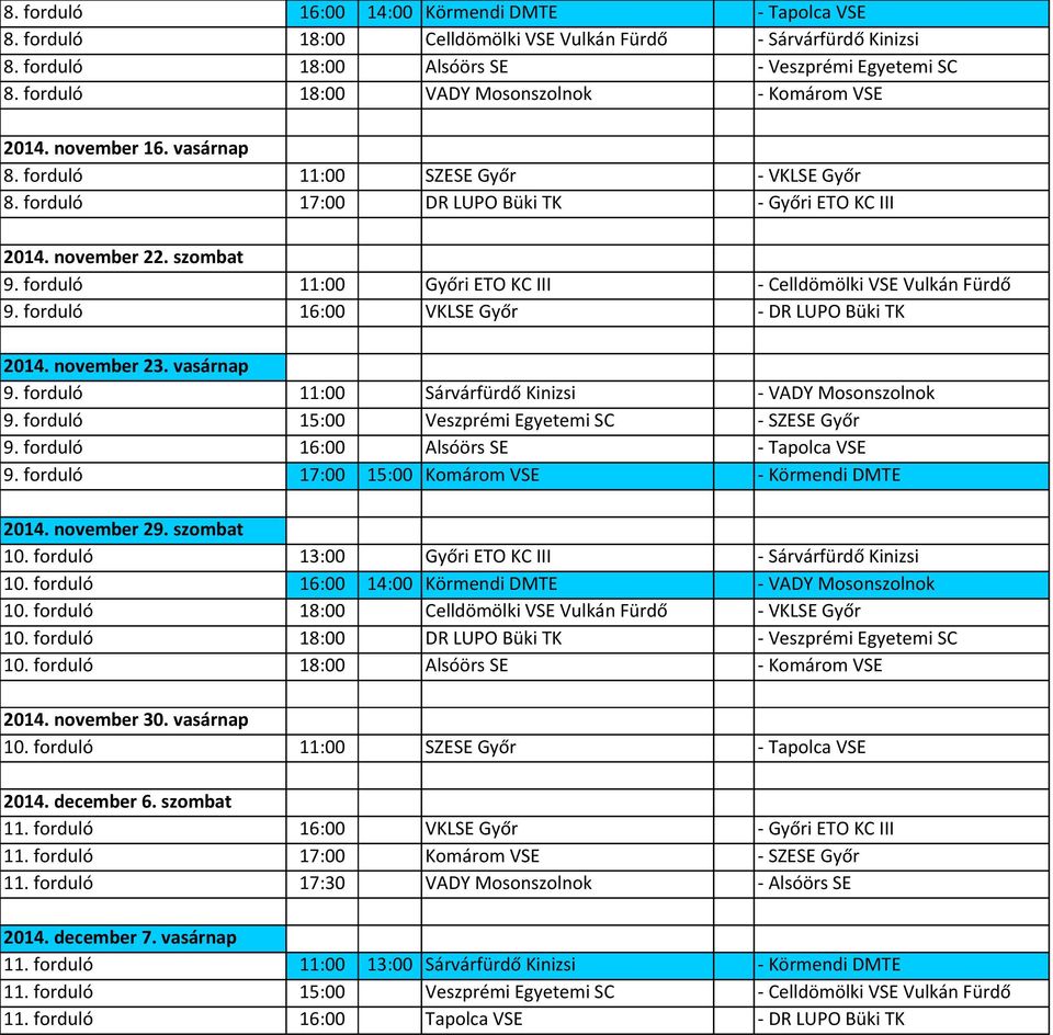 forduló 11:00 Győri ETO KC III - Celldömölki VSE Vulkán Fürdő 9. forduló 16:00 VKLSE Győr - DR LUPO Büki TK 2014. november 23. 9. forduló 11:00 Sárvárfürdő Kinizsi - VADY Mosonszolnok 9.