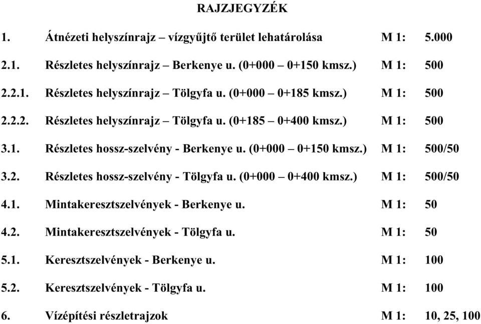 ) M 1: 500/50 3.2. Részletes hossz-szelvény - Tölgyfa u. (0+000 0+400 kmsz.) M 1: 500/50 4.1. Mintakeresztszelvények - Berkenye u. M 1: 50 4.2. Mintakeresztszelvények - Tölgyfa u.