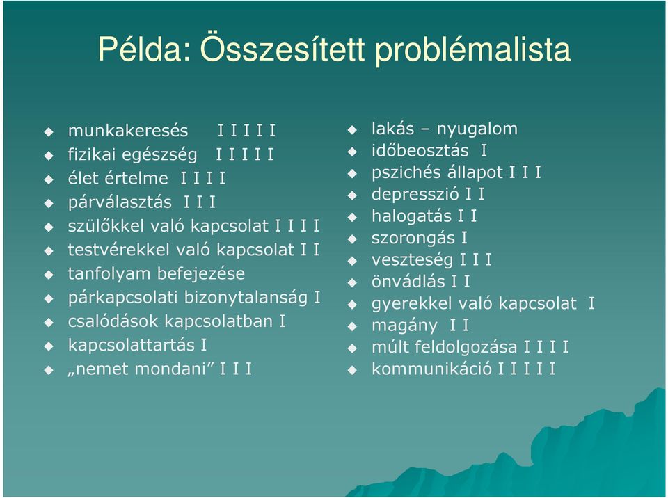 kapcsolatban I kapcsolattartás I nemet mondani I I I lakás nyugalom időbeosztás I pszichés állapot I I I depresszió I I