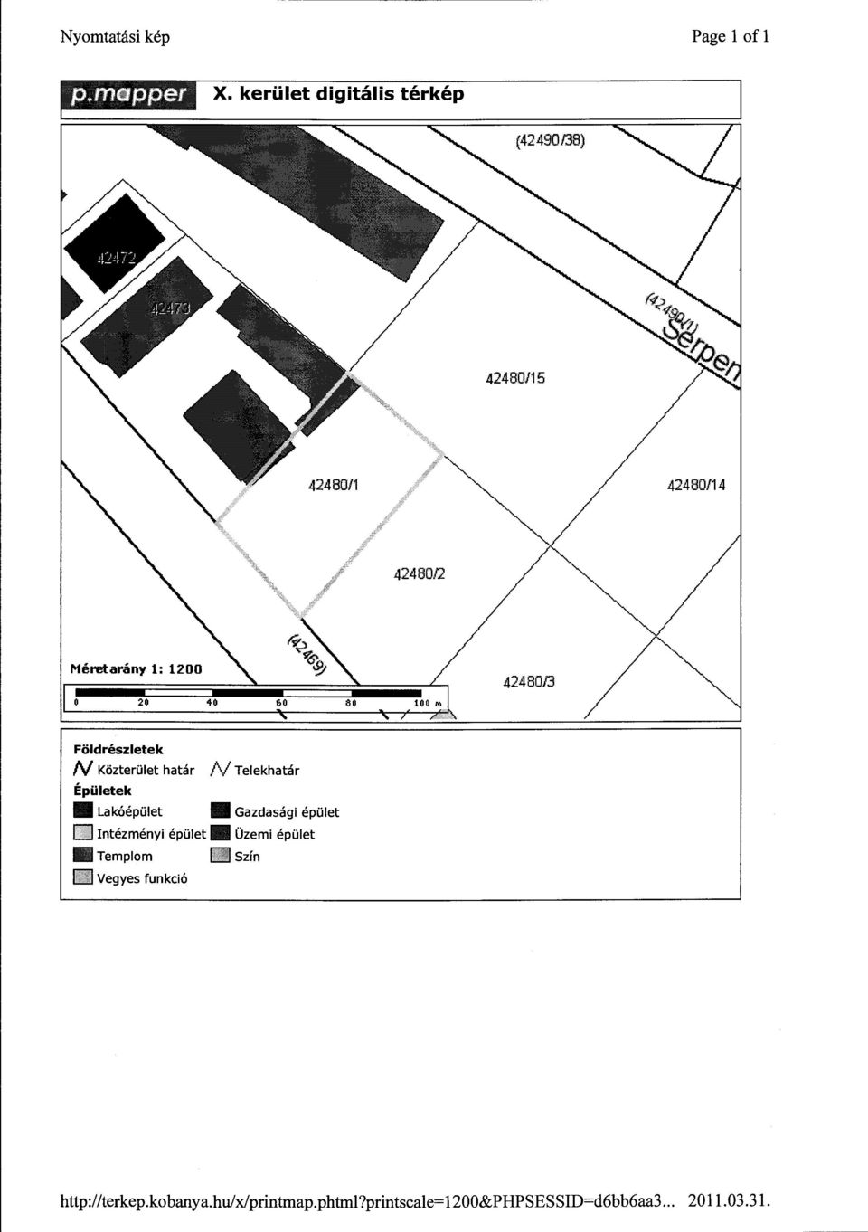 40 42480/3 Földrészletek N Közterület határ Épületek N Telekhatár Lakóépület Gazdasági épület