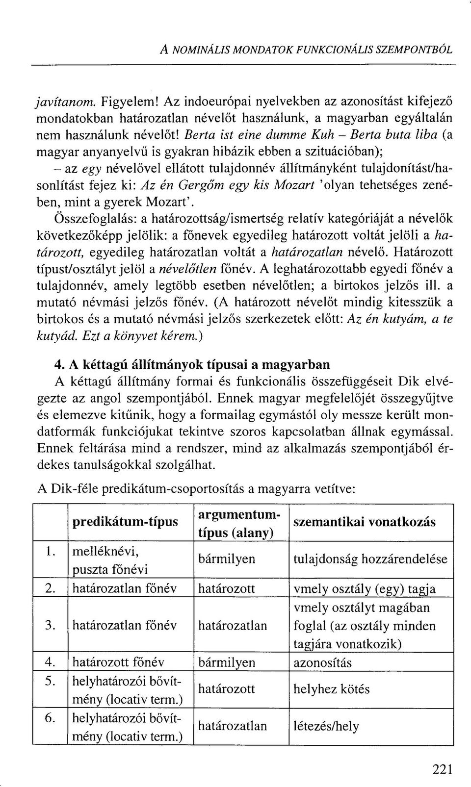 Berta ist eine dumme Kuh - Berta buta liba (a magyar anyanyelvű is gyakran hibázik ebben a szituációban); - az egy névelővel ellátott tulajdonnév állítmányként tulajdonítási/hasonlítást fejez ki: Az