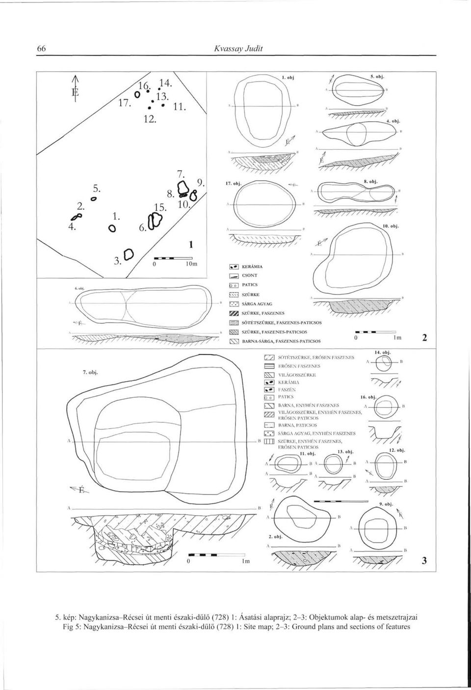 Ásatási alaprajz; 2-3: Objektumok alap- és metszetrajzai