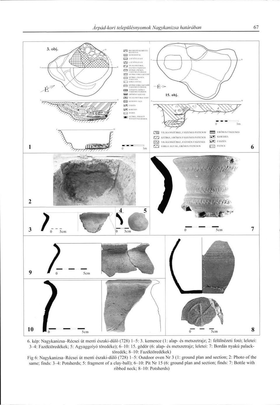 gödör (6: alap- és metszetrajz; leletei: 7: Bordás nyakú palacktöredék; 8-10: Fazéktöredékek) Fig 6: Nagykanizsa-Récsei út menti északi-dülő (728)