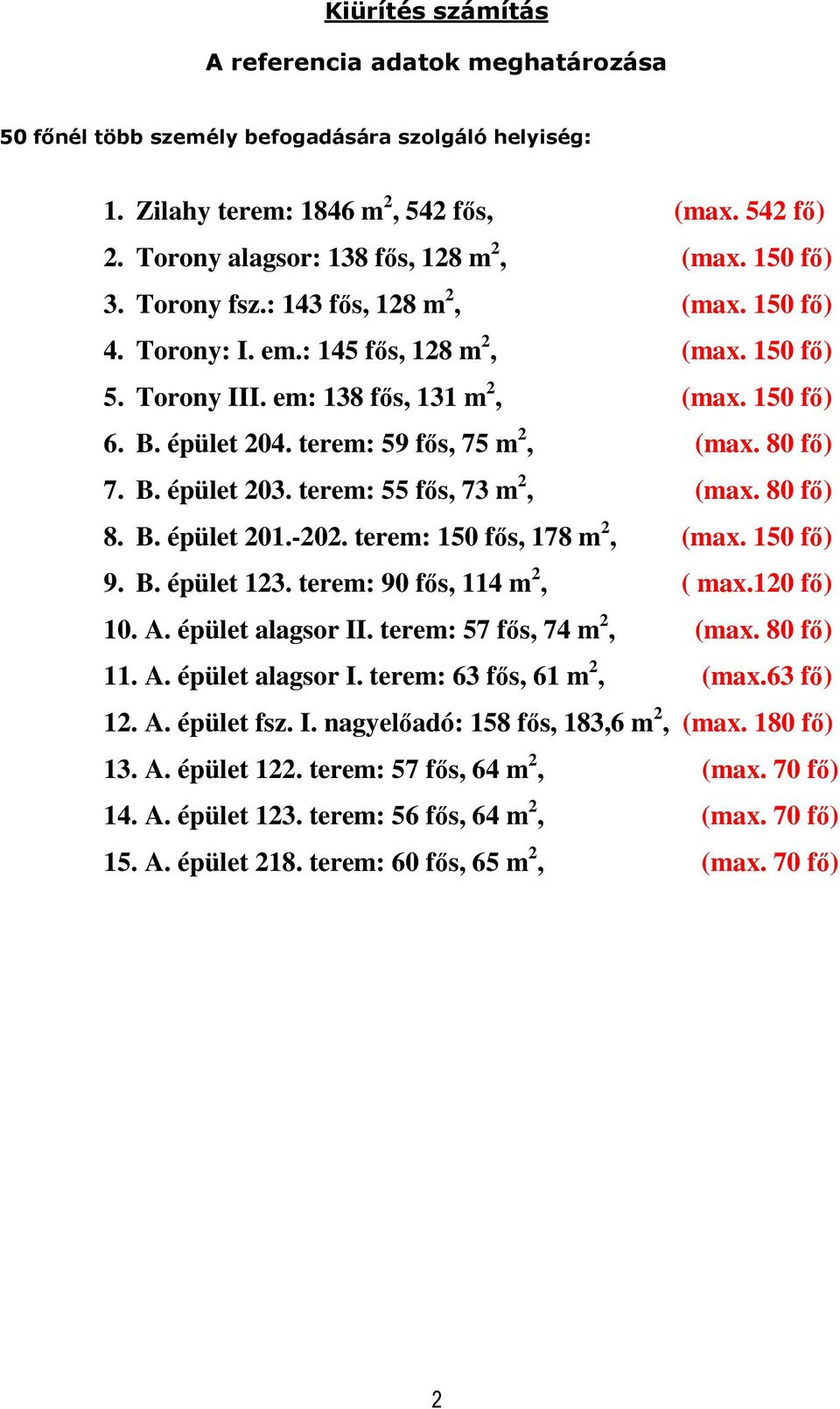 terem: 59 fıs, 75 m 2, (max. 80 fı) 7. B. épület 203. terem: 55 fıs, 73 m 2, (max. 80 fı) 8. B. épület 201.-202. terem: 150 fıs, 178 m 2, (max. 150 fı) 9. B. épület 123. terem: 90 fıs, 114 m 2, ( max.