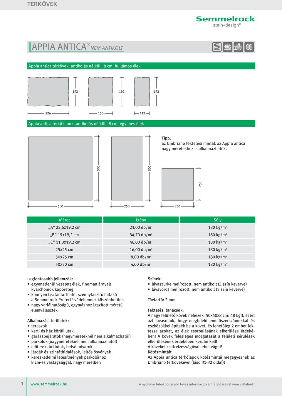 500 500 250 500 250 250 A B C 25x25 cm 50x25 cm 50x50 cm Igény 23,00 db/m 2 34,70 db/m 2 46,00 db/m 2 16,00 db/m 2 8,00 db/m 2 4,00 db/m 2 Súly Legfontosabb jellemzők: egyenetlenül vezetett élek,