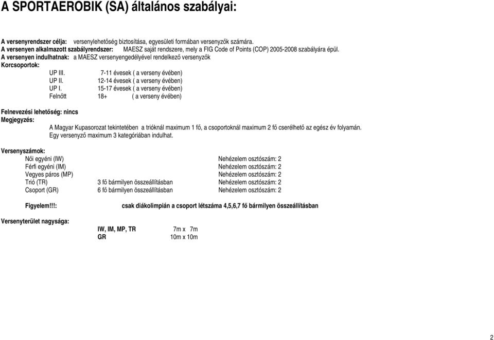 A versenyen indulhatnak: a MAESZ versenyengedélyével rendelkező versenyzők Korcsoportok: UP III. 7-11 évesek ( a verseny évében) UP II. 12-14 évesek ( a verseny évében) UP I.