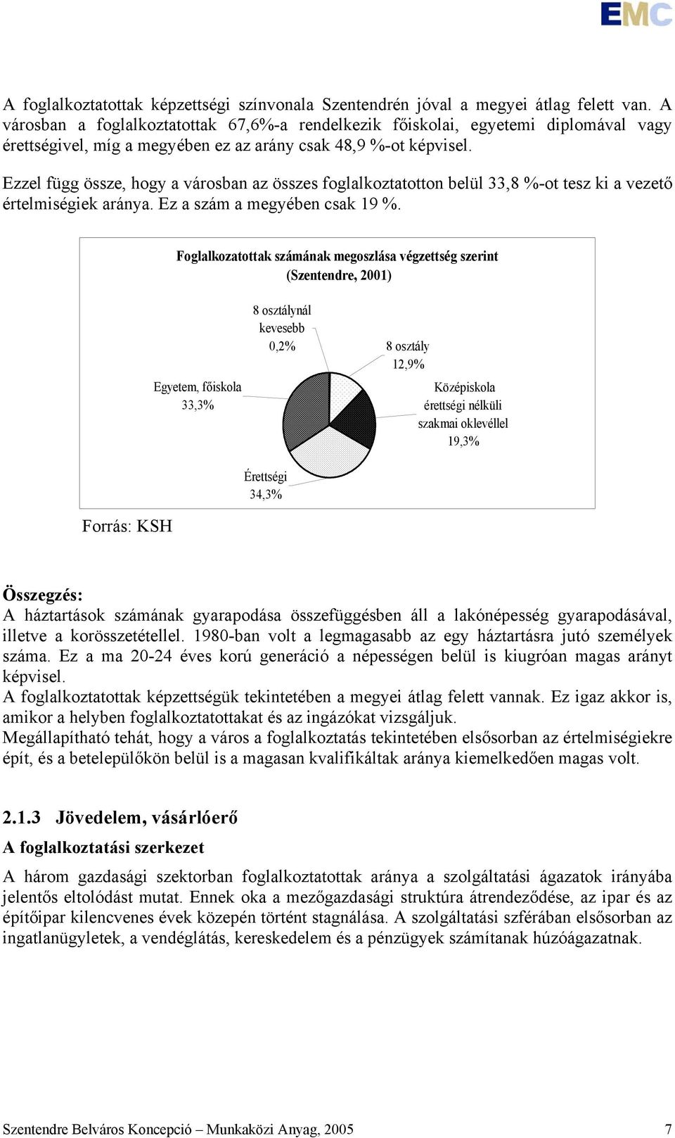 Ezzel függ össze, hogy a városban az összes foglalkoztatotton belül 33,8 %-ot tesz ki a vezető értelmiségiek aránya. Ez a szám a megyében csak 19 %.