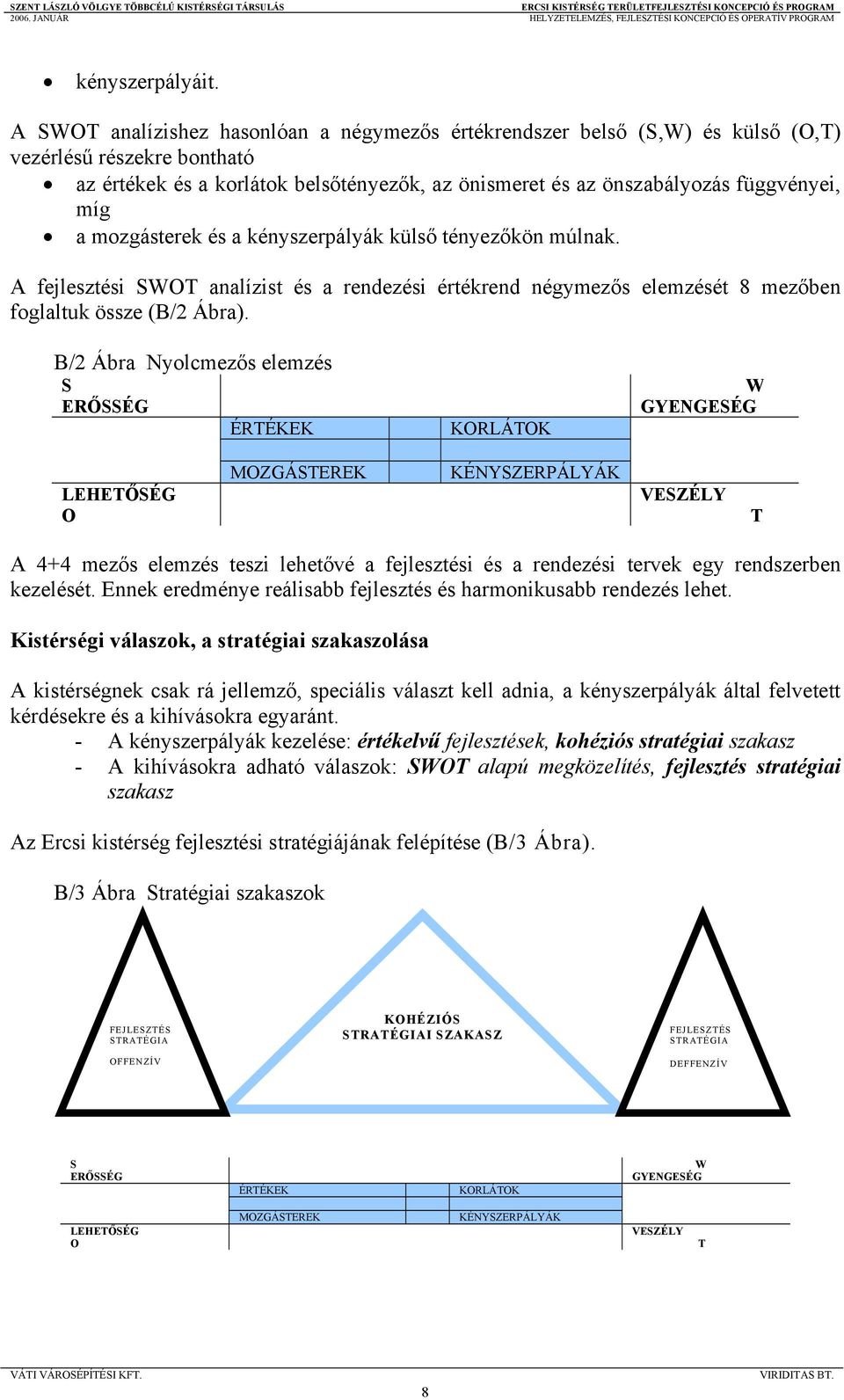 a mozgásterek és a kényszerpályák külső tényezőkön múlnak. A fejlesztési SWOT analízist és a rendezési értékrend négymezős elemzését 8 mezőben foglaltuk össze (B/2 Ábra).