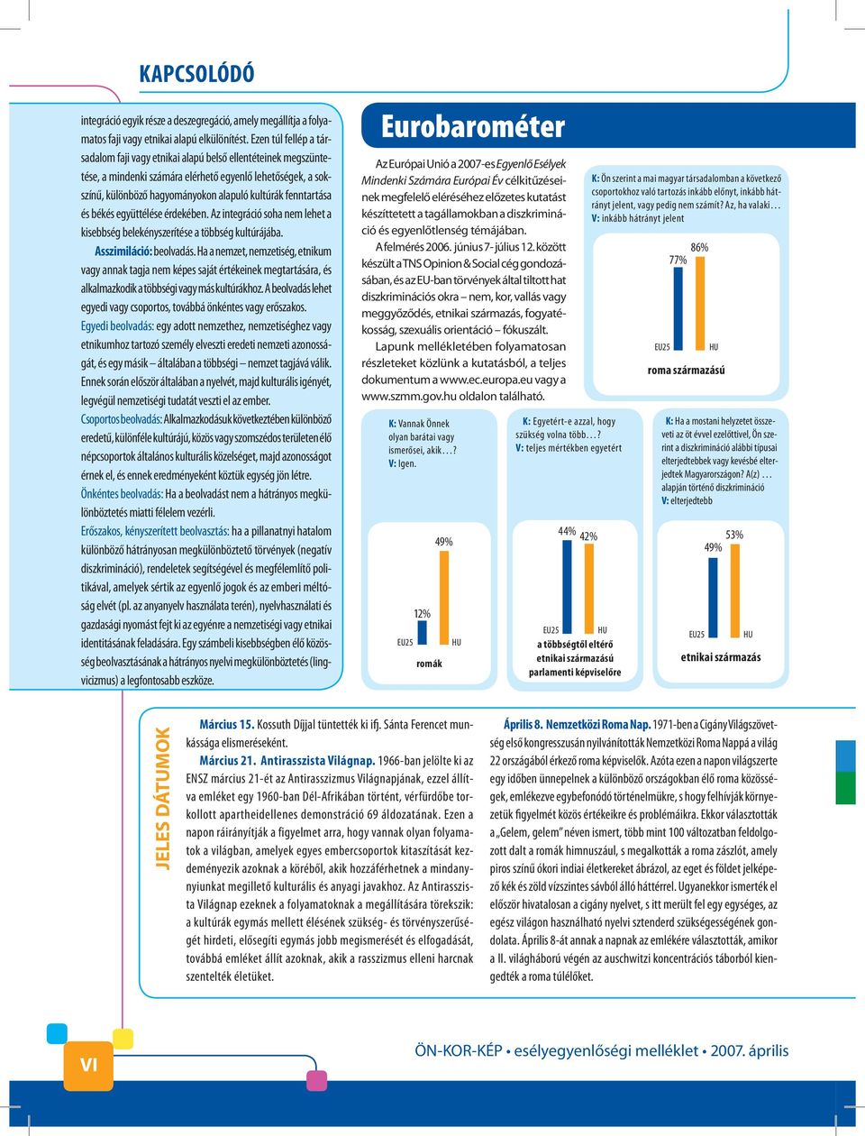 fenntartása és békés együttélése érdekében. Az integráció soha nem lehet a kisebbség belekényszerítése a többség kultúrájába. Asszimiláció: beolvadás.