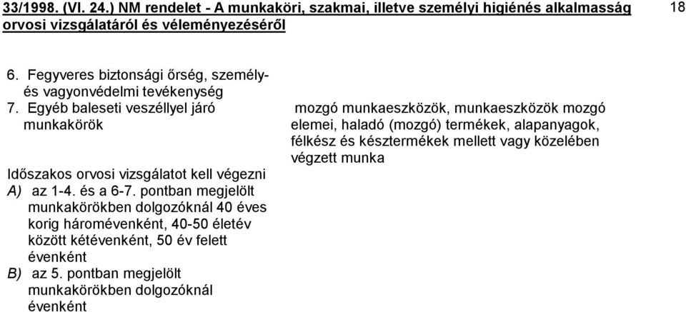 pontban megjelölt munkakörökben dolgozóknál 40 éves korig háromévenként, 40-50 életév között kétévenként, 50 év felett évenként