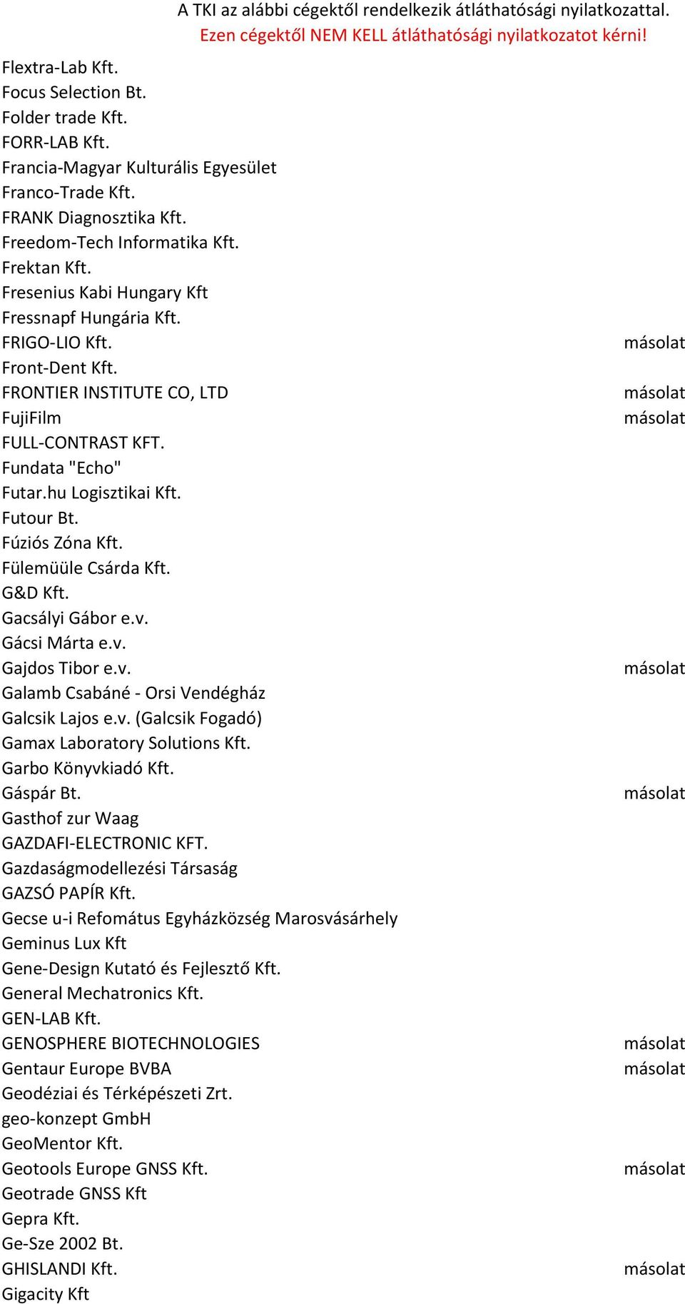 Fúziós Zóna Kft. Fülemüüle Csárda Kft. G&D Kft. Gacsályi Gábor e.v. Gácsi Márta e.v. Gajdos Tibor e.v. Galamb Csabáné - Orsi Vendégház Galcsik Lajos e.v. (Galcsik Fogadó) Gamax Laboratory Solutions Kft.