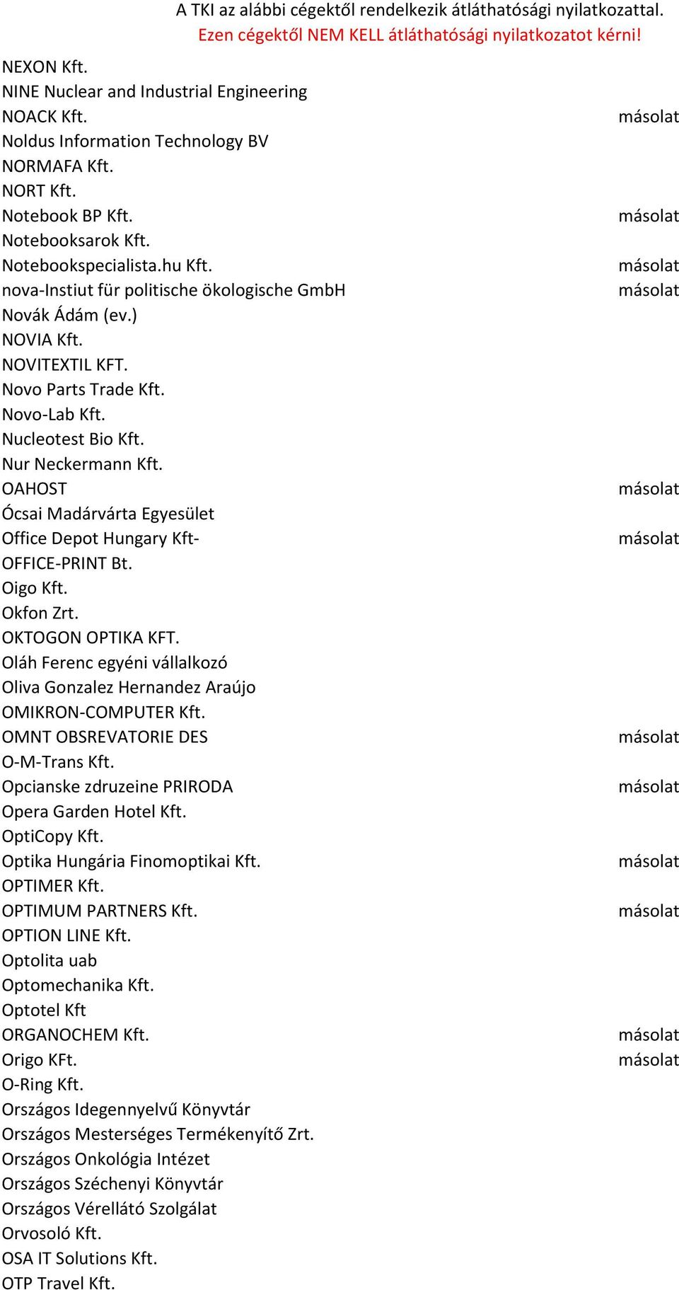 OAHOST Ócsai Madárvárta Egyesület Office Depot Hungary Kft- OFFICE-PRINT Bt. Oigo Kft. Okfon Zrt. OKTOGON OPTIKA KFT.