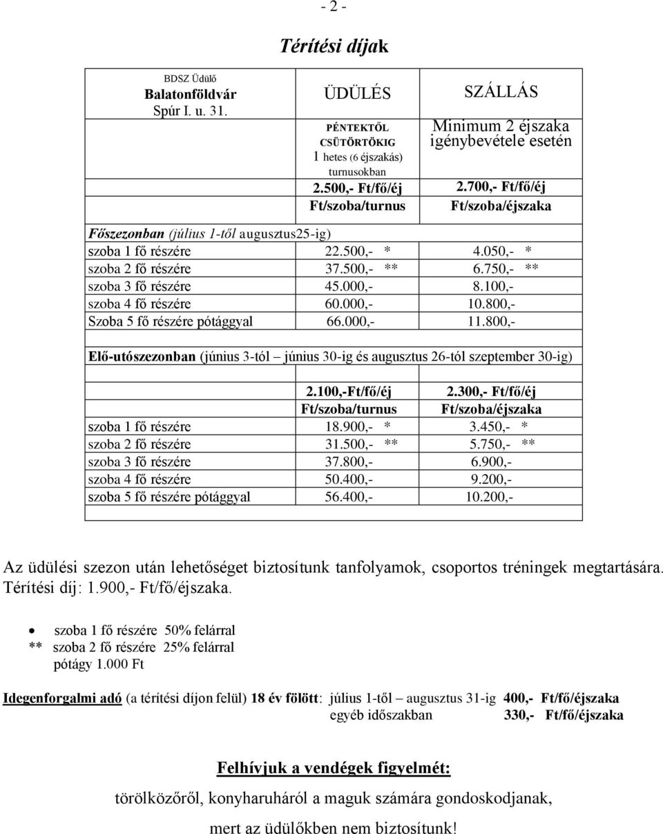 000,- 8.100,- szoba 4 fő részére 60.000,- 10.800,- Szoba 5 fő részére pótággyal 66.000,- 11.800,- Elő-utószezonban (június 3-tól június 30-ig és augusztus 26-tól szeptember 30-ig) 2.100,-Ft/fő/éj 2.