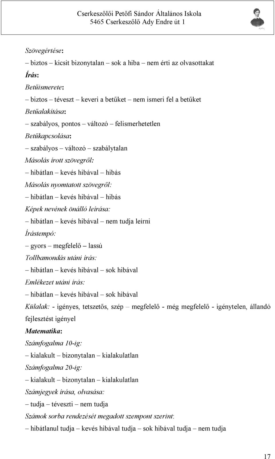 leírása: hibátlan kevés hibával nem tudja leírni Írástempó: gyors megfelelő lassú Tollbamondás utáni írás: hibátlan kevés hibával sok hibával Emlékezet utáni írás: hibátlan kevés hibával sok hibával