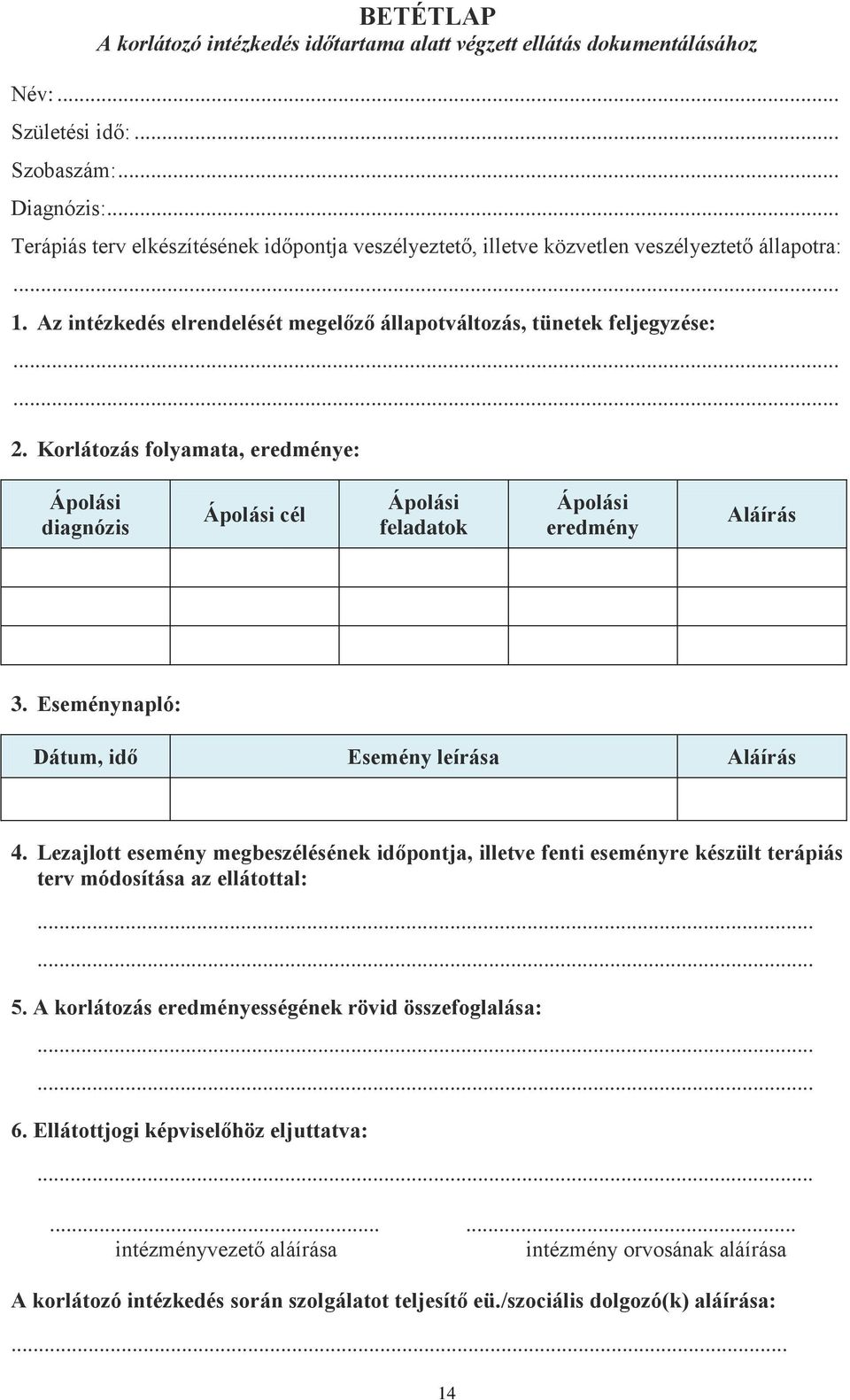 Korlátozás folyamata, eredménye: Ápolási diagnózis Ápolási cél Ápolási feladatok Ápolási eredmény Aláírás 3. Eseménynapló: Dátum, idő Esemény leírása Aláírás 4.