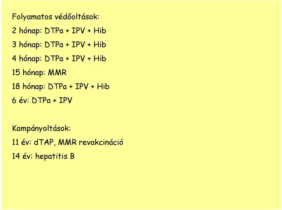 hónap: MMR 18 hónap: DTPa + IPV + Hib 6 év: DTPa + IPV