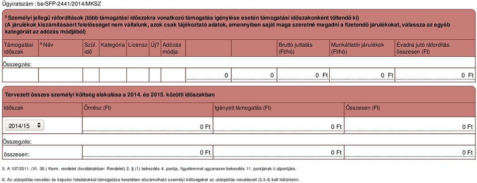 Adózás módja Bruttó juttatás (Ft/hó) Munkáltatói járulékok (Ft/hó) Évadra jutó ráfordítás összesen (Ft) Tervezett összes személyi költség alakulása a 2014. és 2015.