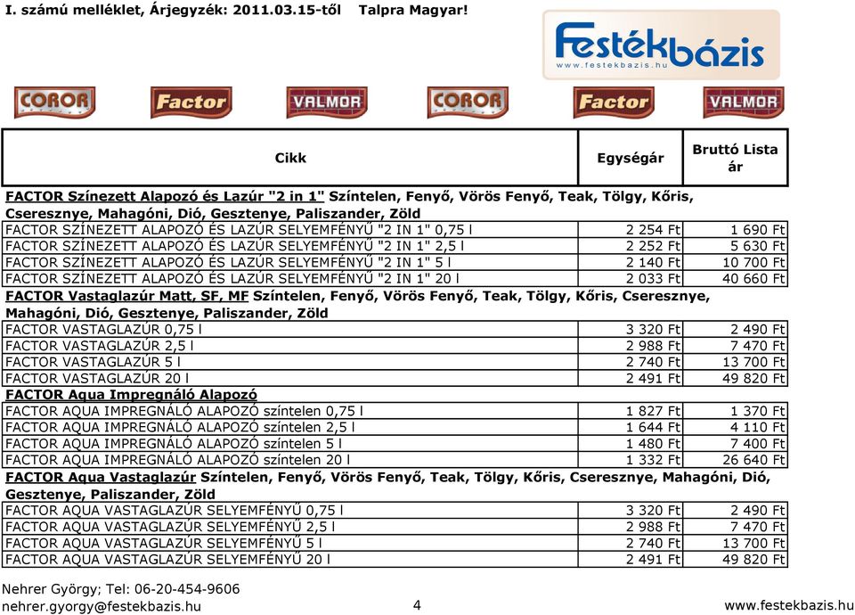 Ft FACTOR SZÍNEZETT ALAPOZÓ ÉS LAZÚR SELYEMFÉNYŰ "2 IN 1" 20 l 2 033 Ft 40 660 Ft FACTOR Vastaglazúr Matt, SF, MF Színtelen, Fenyő, Vörös Fenyő, Teak, Tölgy, Kőris, Cseresznye, Mahagóni, Dió,