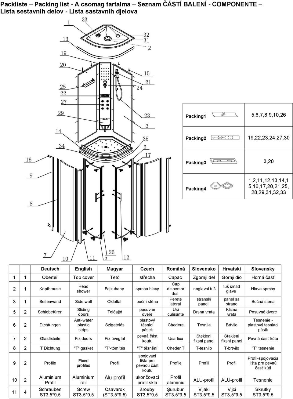 Kopfbrause Head shower Fejzuhany sprcha hlavy 3 1 Seitenwand Side wall Oldalfal boční stěna 5 2 Schiebetüren 6 2 Dichtungen Sliding doors Anti-water plastic strips Tolóajtó Szigetelés 7 2