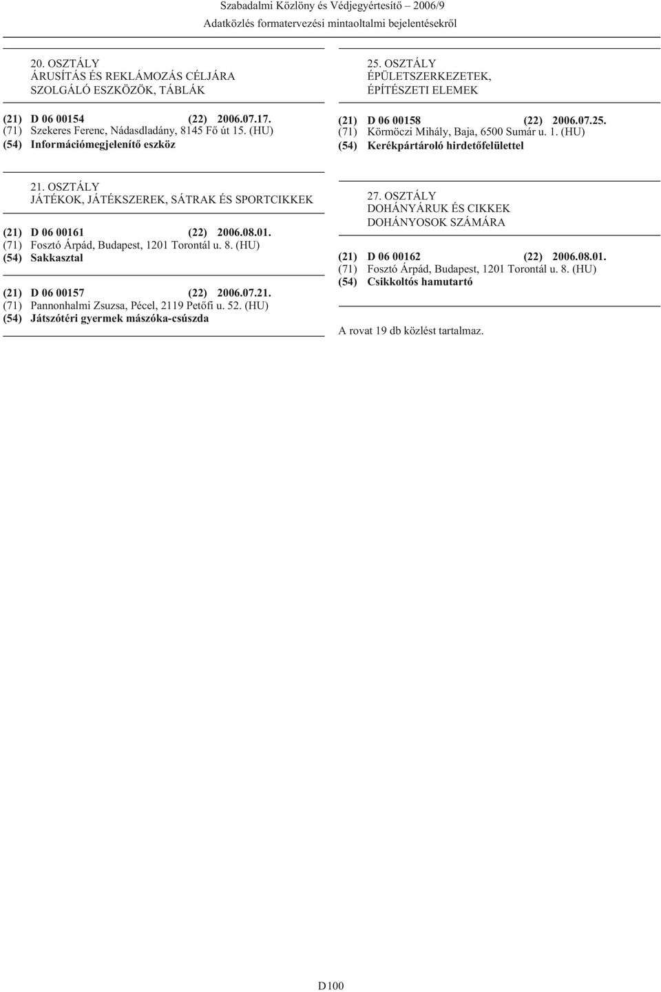 1. (HU) (54) Kerékpártároló hirdetõfelülettel 21. OSZTÁLY JÁTÉKOK, JÁTÉKSZEREK, SÁTRAK ÉS SPORTCIKKEK (21) D 06 00161 (22) 2006.08.01. (71) Fosztó Árpád, Budapest, 1201 Torontál u. 8.