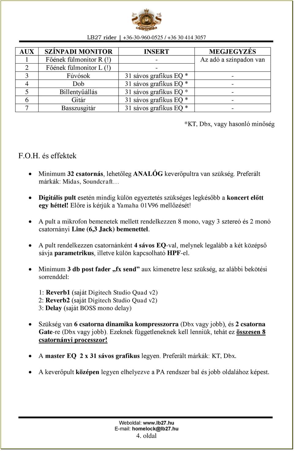 hasonló minőség F.O.H. és effektek Minimum 32 csatornás, lehetőleg ANALÓG keverőpultra van szükség.