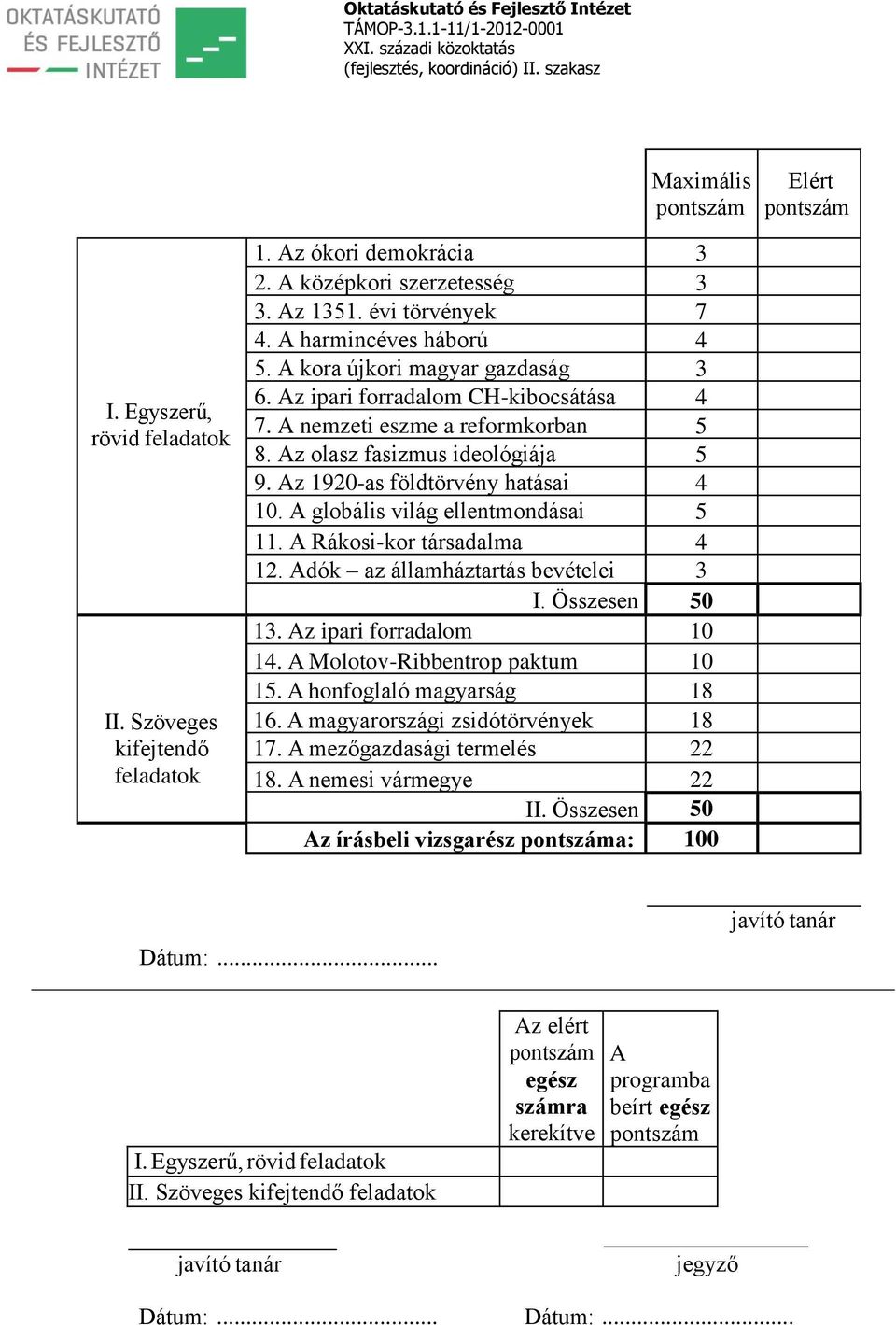 Az 1920-as földtörvény hatásai 4 10. A globális világ ellentmondásai 5 11. A Rákosi-kor társadalma 4 12. Adók az államháztartás bevételei 3 I. Összesen 50 13. Az ipari forradalom 10 14.