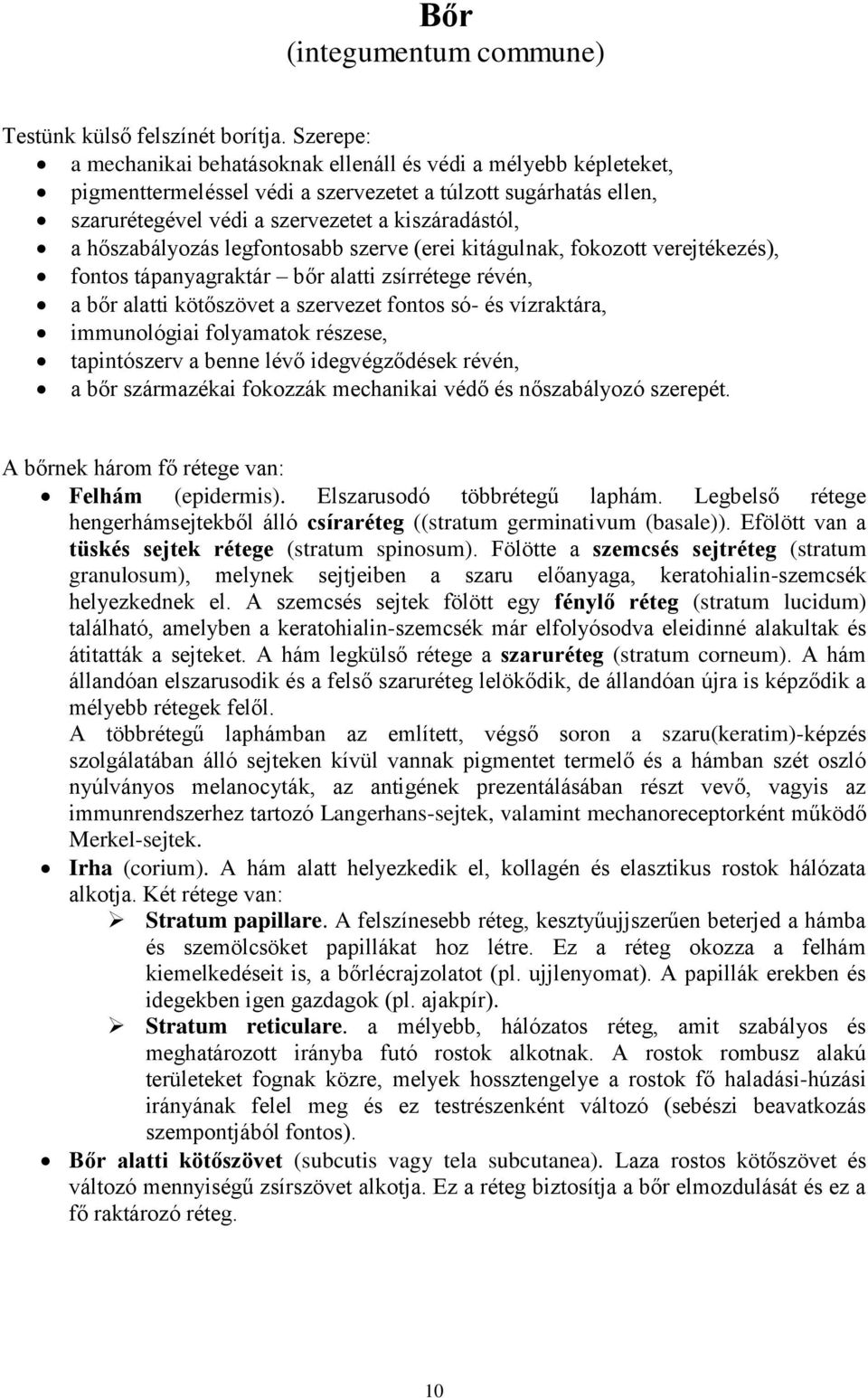 hőszabályozás legfontosabb szerve (erei kitágulnak, fokozott verejtékezés), fontos tápanyagraktár bőr alatti zsírrétege révén, a bőr alatti kötőszövet a szervezet fontos só- és vízraktára,