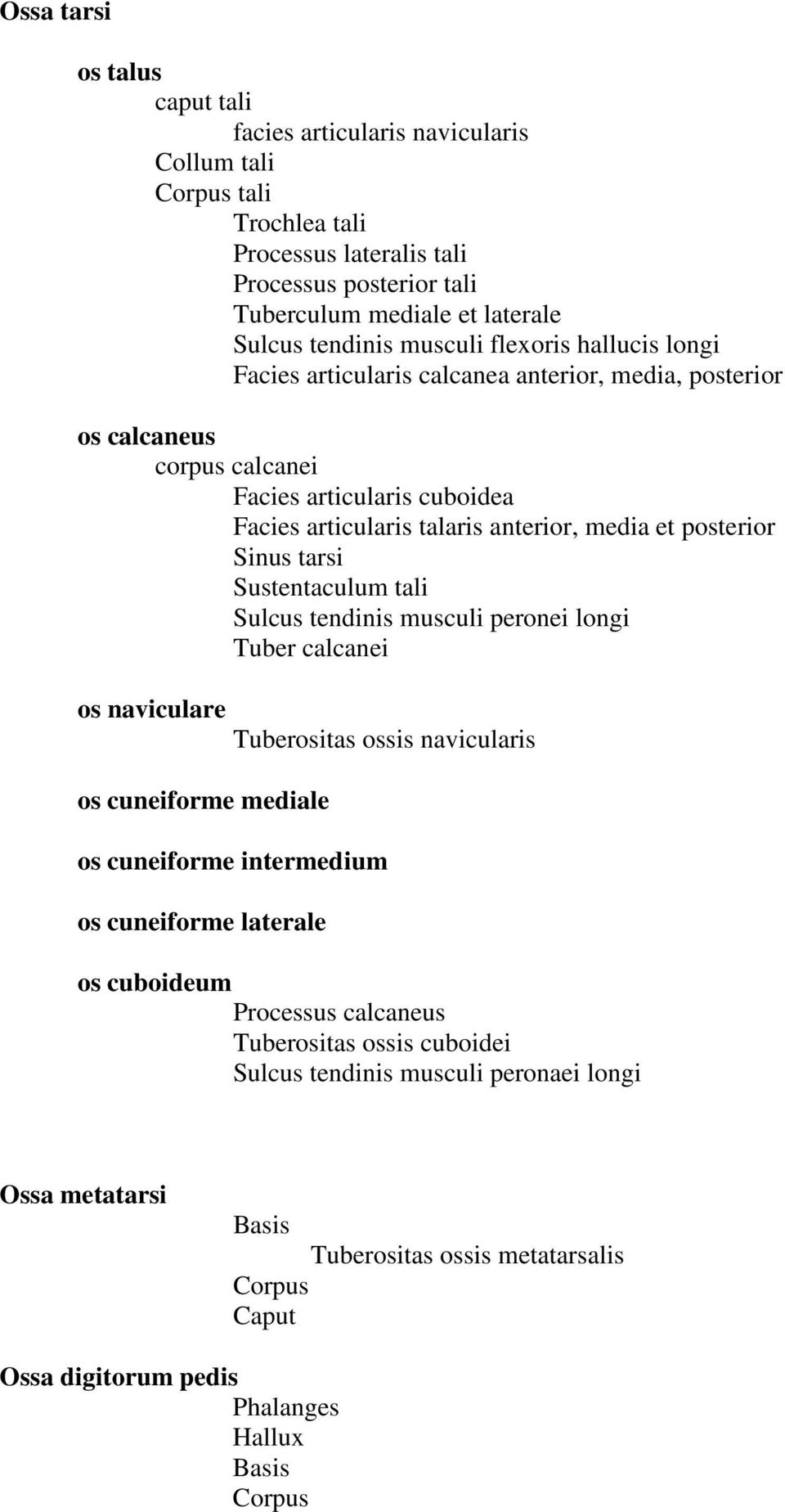 Sinus tarsi Sustentaculum tali Sulcus tendinis musculi peronei longi Tuber calcanei os naviculare Tuberositas ossis navicularis os cuneiforme mediale os cuneiforme intermedium os cuneiforme laterale