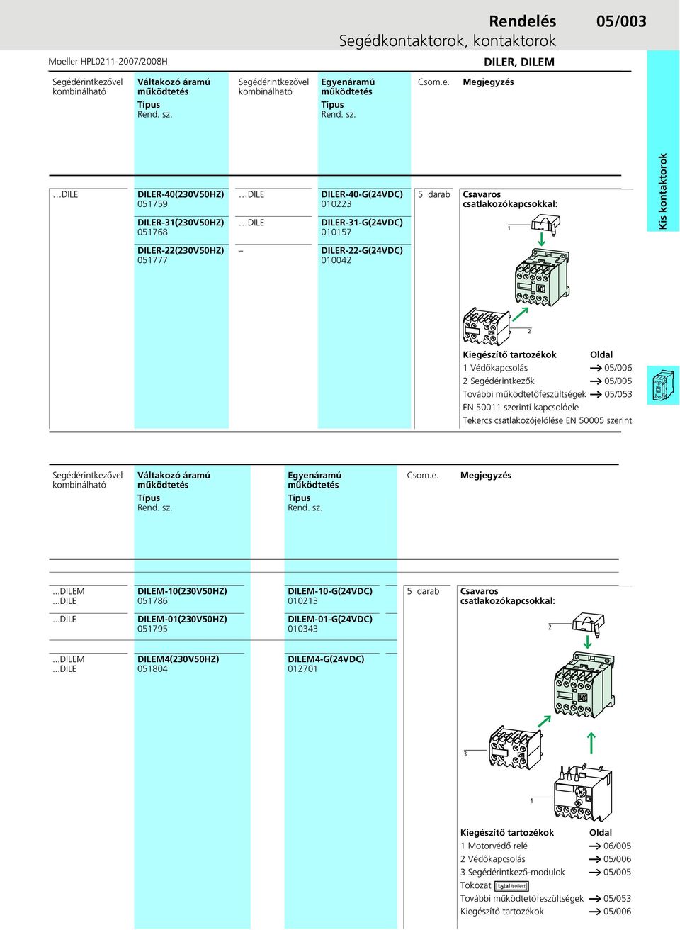 DILE DILER-40(230V50HZ) 051759 DILER-31(230V50HZ) 051768 DILE DILE DILER-40-G(24VDC) 010223 DILER-31-G(24VDC) 010157 5 darab Csavaros csatlakozókapcsokkal: 1 Kis kontaktorok DILER-22(230V50HZ) 051777