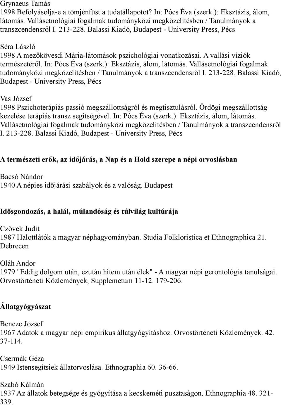 Balassi Kiadó, Budapest - University Press, Pécs Séra László 1998 A mezőkövesdi Mária-látomások pszichológiai vonatkozásai. A vallási víziók természetéről. In: Pócs Éva (szerk.