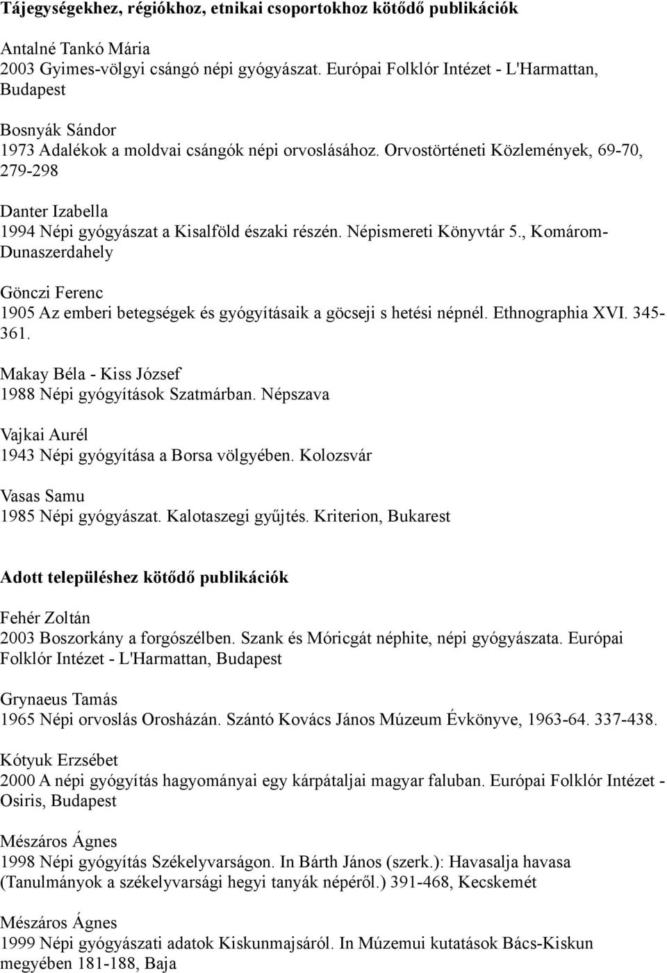 Orvostörténeti Közlemények, 69-70, 279-298 Danter Izabella 1994 Népi gyógyászat a Kisalföld északi részén. Népismereti Könyvtár 5.