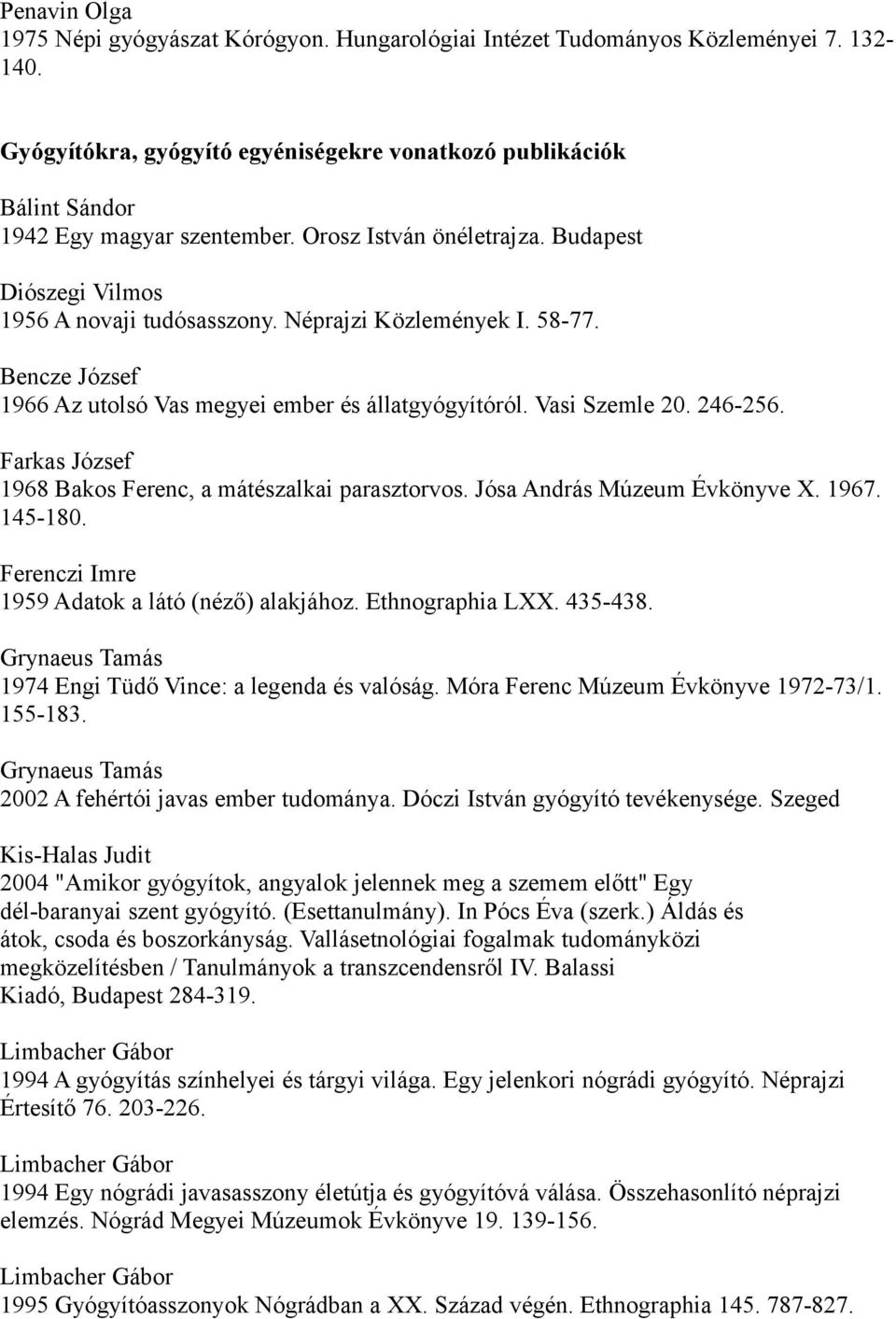 246-256. Farkas József 1968 Bakos Ferenc, a mátészalkai parasztorvos. Jósa András Múzeum Évkönyve X. 1967. 145-180. Ferenczi Imre 1959 Adatok a látó (néző) alakjához. Ethnographia LXX. 435-438.