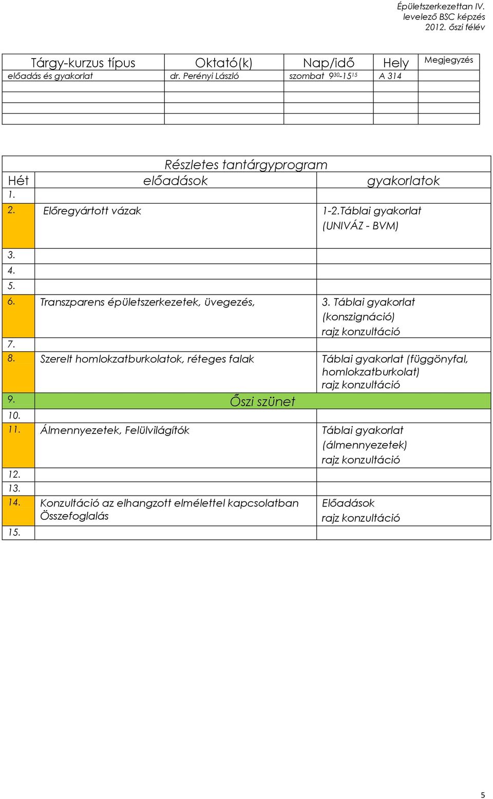 Táblai gyakorlat (UNIVÁZ - BVM) 3. 4. 5. 6. Transzparens épületszerkezetek, üvegezés, 3. Táblai gyakorlat (konszignáció) 7. 8.