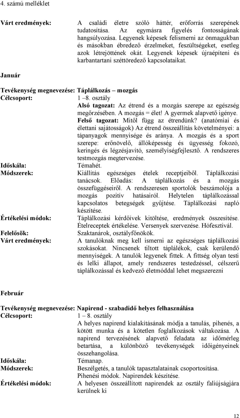 Január Tevékenység megnevezése: Táplálkozás mozgás 1 8. osztály Alsó tagozat: Az étrend és a mozgás szerepe az egészség megőrzésében. A mozgás = élet! A gyermek alapvető igénye.