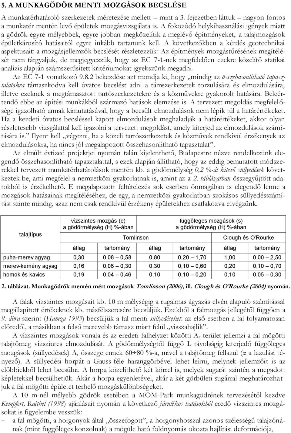 A következőkben a kérdés geotechnikai aspektusait: a mozgásjellemzők becslését részletezzük: Az építmények mozgástűrésének megítélését nem tárgyaljuk, de megjegyezzük, hogy az EC 7-1-nek megfelelően