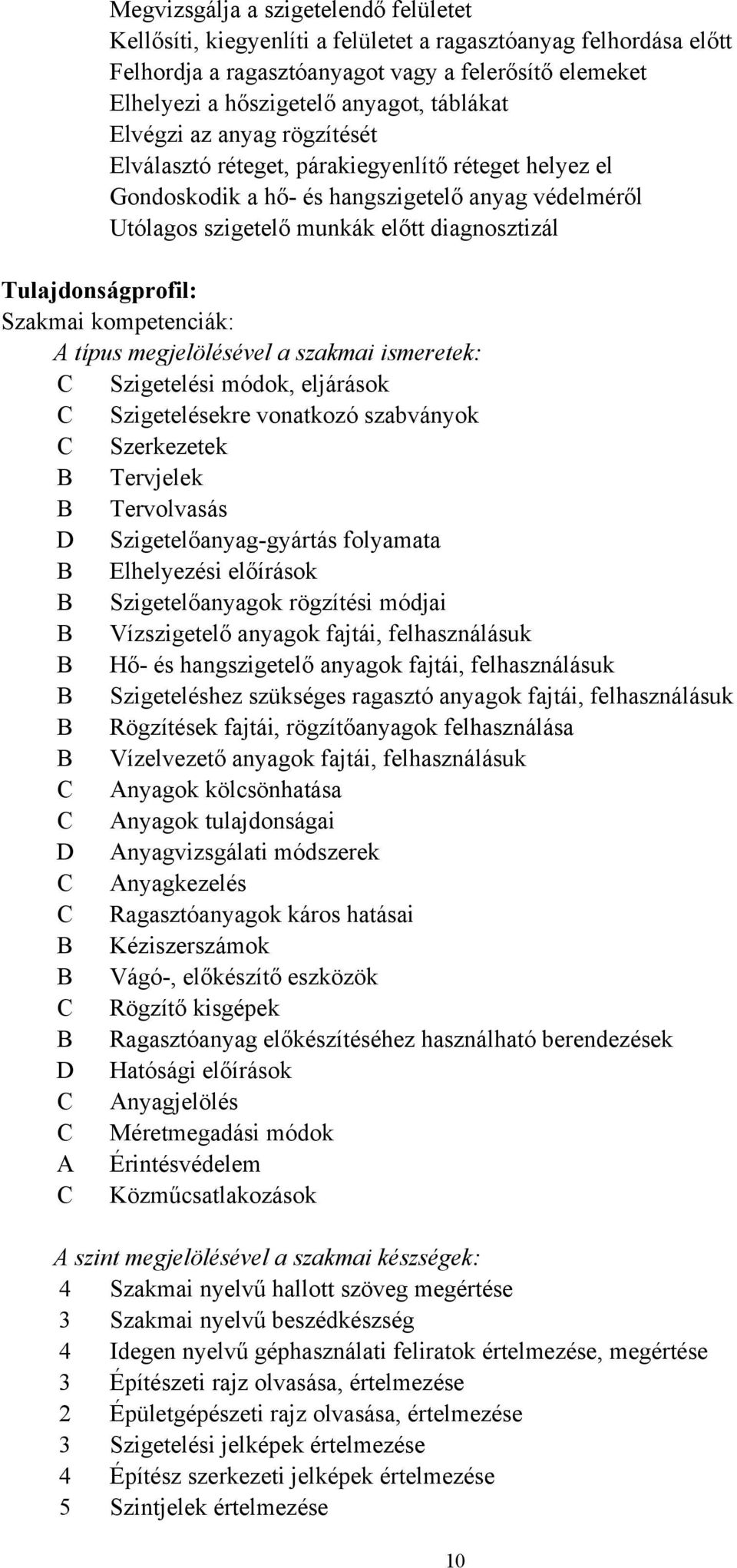 Tulajdonságprofil: Szakmai kompetenciák: A típus megjelölésével a szakmai ismeretek: C Szigetelési módok, eljárások C Szigetelésekre vonatkozó szabványok C Szerkezetek B Tervjelek B Tervolvasás D