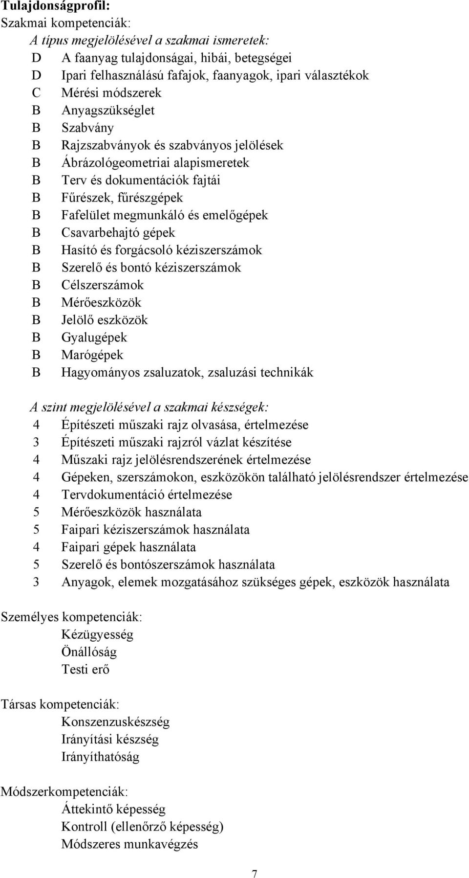 emelőgépek B Csavarbehajtó gépek B Hasító és forgácsoló kéziszerszámok B Szerelő és bontó kéziszerszámok B Célszerszámok B Mérőeszközök B Jelölő eszközök B Gyalugépek B Marógépek B Hagyományos