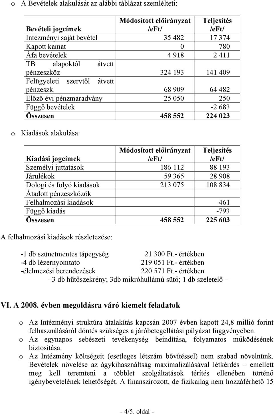 68 909 64 482 Előző évi pénzmaradvány 25 050 250 Függő bevételek -2 683 Összesen 458 552 224 023 o Kiadások alakulása: Kiadási jogcímek Módosított előirányzat /eft/ Teljesítés /eft/ Személyi