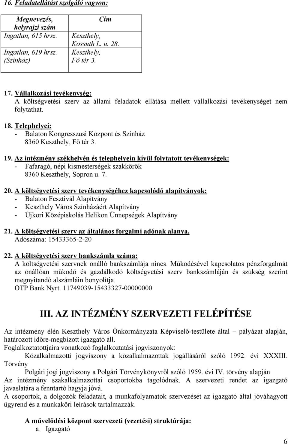 Telephelyei: - Balaton Kongresszusi Központ és Színház 8360 Keszthely, Fő tér 3. 19.